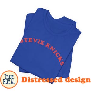Puede incluir: Una camiseta de manga corta en color azul real con el texto STEVIE NICKS impreso en una fuente roja desgastada en el pecho. La prenda est&aacute; doblada, mostrando un cuello redondo y un dise&ntilde;o sencillo con un gr&aacute;fico de estilo vintage.