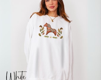 Christmas Dala Horse Comfort colors sweatshirt, Scandinavian Christmas crewneck, boho winter botanical sweater, Swedish dala horse pullover
