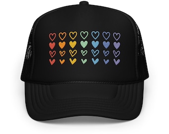 Rainbow Hearts Embroidered Trucker Hat, pride LGBTQ custom mesh hat, embroidered rainbow heart two tone unisex mesh foam trucker hat