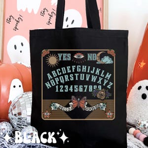 Witchy spirit board trick or treat bag, ouija board print bag, spooky occult tote, mystical Halloween bag, vintage witch board canvas tote