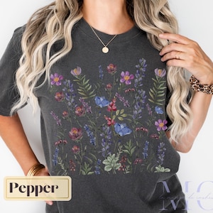 Cottagecore Summer Wildflowers comfort colors shirt, purple floral tee, boho wild flower t shirt, flower lover gift, oversized botanical tee