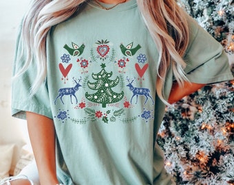 Comfort colors Scandinavian Christmas shirt folk art tshirt botanical shirt hygge gift aesthetic clothes Nordic Christmas gift Cottagecore