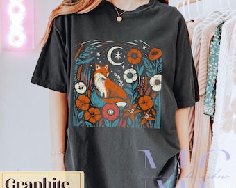 Linoprint fox shirt, Cottagecore wildlife lover gift, cotton comfort colors t shirt, Linocut woodland botanical tee, celestial fox tshirt
