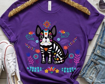 Frenchie floral skeleton shirt, boho French bulldog folk art tshirt, Mexican otomi frenchie tee, cinco de mayo tshirt, frenchie mom gift