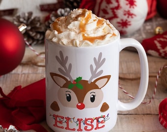 Kinderen gepersonaliseerde warme chocolade mok, aangepaste warme chocolademelk kerst mok, gepersonaliseerde kerstcadeau voor kinderen, rendier mok, kous stuffer