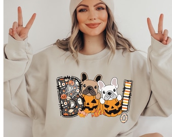 Frenchie Boo halloween Sweatshirt, cute frenchie pumpkin sweatshirt, French bulldog Halloween Crewneck, frenchie spooky season sweatshirt