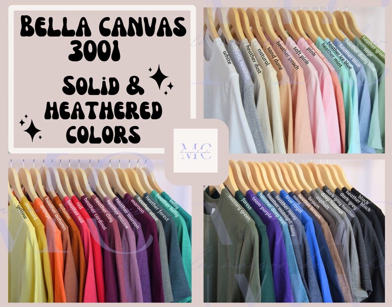 May include: A collection of Bella Canvas 3001 t-shirts in a variety of solid and heather colors, displayed on hangers. The colors include white, heather dust, natural, sand dune, heather peach, soft pink, pink, heather mint, heather ice blue, heather dusty blue, heather green, mustard, orange, heather autumn, heather red, red, heather cardinal, heather clay, heather mauve, heather maroon, heather forest, heather kelly, yellow, military green, forest, team purple, heather deep teal, heather midnight navy, true royal, navy, heather brown, brown, asphalt, deep heather, dark grey heather, dark grey, black, heather block.