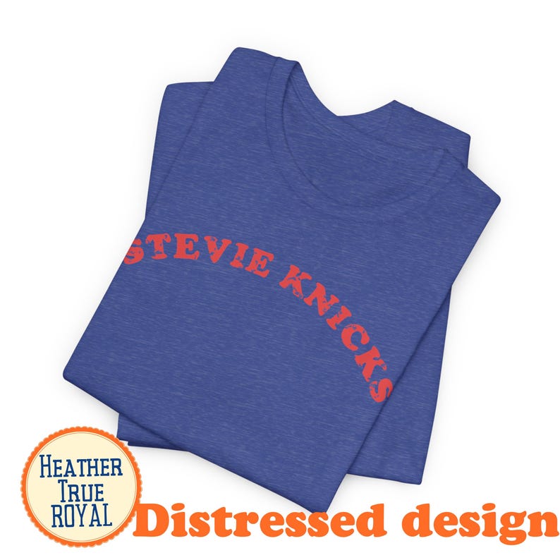 Puede incluir: Una camiseta de color azul real jaspeado con el texto STEVIE NICKS impreso en una fuente roja desgastada en el pecho. La prenda cuenta con cuello redondo y mangas cortas, mostrando una textura de tela con un acabado suave y jaspeado.