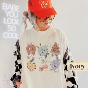 fruit cartoon shirt, comfort colors produce shirt, groovy fruit tshirt, vintage fruits tee, cartoon fruit tee, retro preppy food characters
