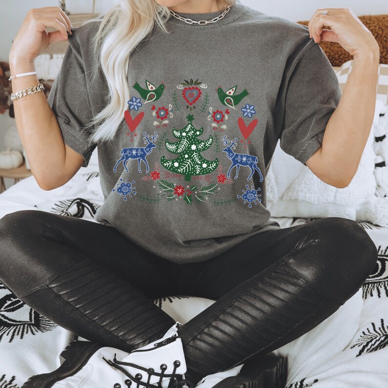 Comfort colors Scandinavian Christmas shirt folk art tshirt botanical shirt hygge gift aesthetic clothes Nordic Christmas gift Cottagecore image 6