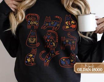 Boho floral Cat sweatshirt, Scandinavian cat folk art crewneck, fall cat mom gift, cozy cat themed apparel, retro cat doodle print pullover