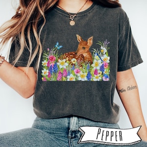 Floral baby deer shirt, floral fawn t shirt, botanical deer tshirt, forest fairycore, Cottagecore woodland animal tee, fawn deer lover gifts