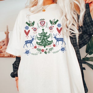 Comfort colors Scandinavian Christmas shirt folk art tshirt botanical shirt hygge gift aesthetic clothes Nordic Christmas gift Cottagecore image 3