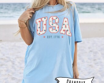 USA stars comfort colors shirt, usa graphic tee, 4th of july shirt, USA 1776 stars graphic tee, america250 apparel, preppy usa varsity tee