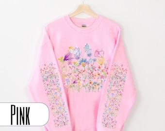 Boho Wildflower sweatshirt, Cottagecore clothing, watercolor botanical pullover, whimsical floral sweater, wildflower sleeve print sweatshir