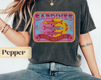 Sardines Y2K Graphic Tee, Vintage Tinned Fish Shirt, preppy sardine tin tshirt, Mediterranean aesthetic, comfort colors, sardine apparel
