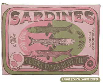 Sardinen Tin Print Mini Beutel, Pink Fisch Accessoires Clutch, verzinnte Fisch Reißverschlusstasche, Sardine Reißverschlusstasche, Mädchen Wochenende Geschenk, Brautparty Geschenk