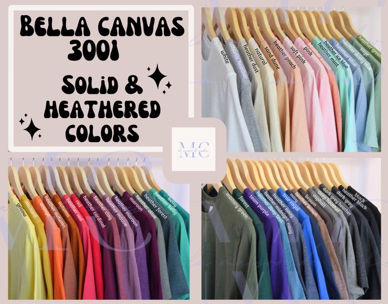 Puede incluir: Una colecci&oacute;n de camisetas Bella Canvas 3001 en colores s&oacute;lidos y jaspeados en perchas de madera. La imagen incluye etiquetas de texto para cada color, incluyendo blanco, heather dust, sand dune, heather peach, rosa, heather sunset, heather mint, azul hielo, azul polvoriento, salvia, amarillo, mostaza, naranja, oto&ntilde;o, rojo, cardenal, arcilla, malva, granate, oliva, bosque, kelly, verde militar, morado, azul medianoche, azul real, marr&oacute;n, asfalto, gris oscuro y negro.