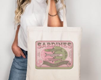 Pink Sardines Tin Cotton Canvas Tote, Tinned Fish Resusable bag, vintage Sardines  beach bag, girls weekend gifts, sardine girl book bag