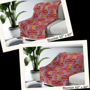 May include: Two throw blankets with a retro pattern of red, yellow, and blue sardine cans. The blanket on the left is 50 inches by 60 inches. The blanket on the right is 60 inches by 80 inches.
