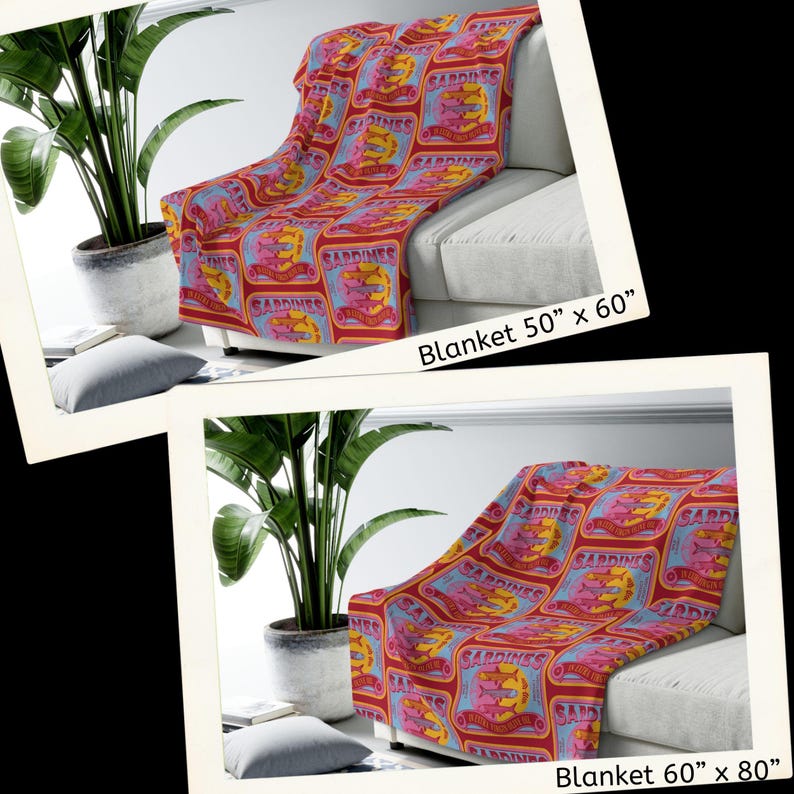 May include: Two throw blankets with a retro pattern of red, yellow, and blue sardine cans. The blanket on the left is 50 inches by 60 inches. The blanket on the right is 60 inches by 80 inches.