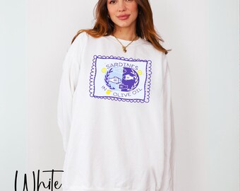 Sardine tin comfort colors sweatshirt, sardines graphic sweatshirt, sardine tin sweater, maximalist sardine aesthetic, tinned fish print