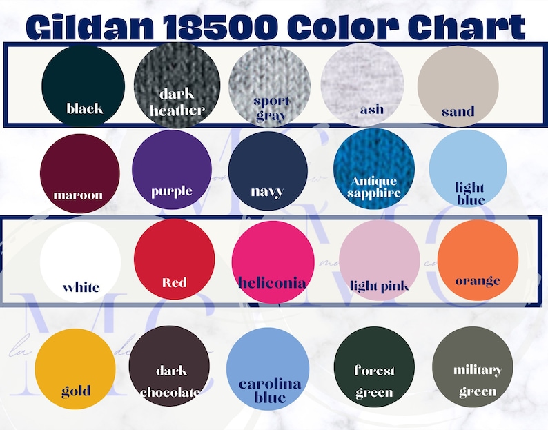 May include: Color chart for Gildan 18500 t-shirts, showing 18 different colors, including black, dark heather, sport gray, ash, sand, maroon, purple, navy, antique sapphire, light blue, white, red, heliconia, light pink, orange, gold, dark chocolate, carolina blue, forest green, and military green.