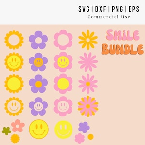 Retro Flower Smile Bundle, smile face svg, flower svg, retro cut files for cricut, silhouette, svg for commercial use graphics, png, dxf