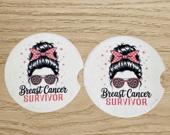 Breast Cancer Survivor Car Coasters Set of 2, Pink Ribbon Gift, Chemo Support