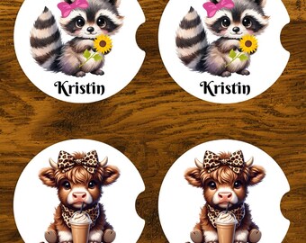 Personalized Car Coasters Set of 2, Custom Name Cute Animal Coaster, Raccoon Highland Cow Gift for Her, Teen Girl Car Accessory Gift