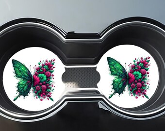 Personalized Green Butterfly Car Coasters Set of 2, Floral Ceramic Coaster, Mothers Day Gift