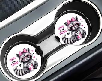 Cute But Feral Raccoon Ceramic Coasters Set of 2, Teen Girl Gift, BFF Accessory