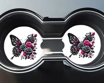 Gothic Butterfly Car Coasters Set of 2, Black Pink Floral Ceramic, Goth Girl Gift for Her