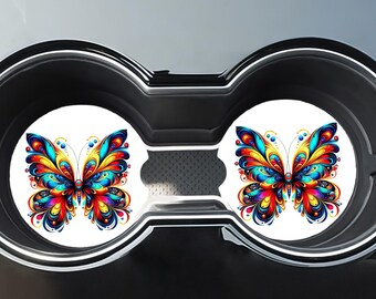 Colorful Butterfly Car Coasters Set of 2, Boho Ceramic Coaster, Teen Girl Gift for Her