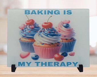 Baking Is My Therapy Tempered Glass 11”x7” Cutting Board, Kitchen Decor Gift