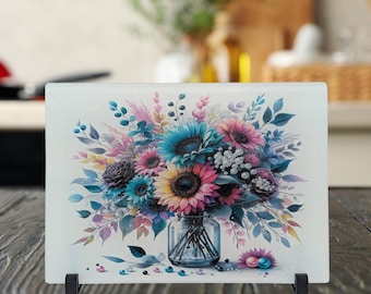 Floral Tempered Glass Cutting Board, Decorative Kitchen Gift (11x7