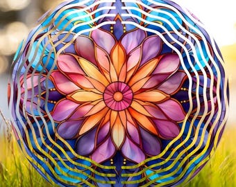 Jewel Tone Mandala Wind Spinner, 8” Metal Garden Art, Outdoor Floral Decor Gift