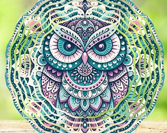 Owl Mandala Wind Spinner, 8” Metal Garden Decor, Boho Outdoor Yard Art Gift