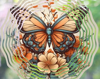 Butterfly Wind Spinner, 8” Metal Garden Decor, Floral Outdoor Yard Art, Nature Lover Gift