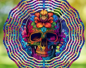 Floral Skull Wind Spinner, 8” Metal Garden Decor, Day of the Dead Yard Art