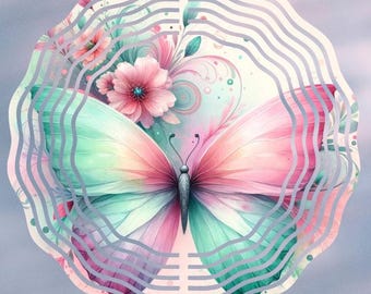 Pastel Butterfly Wind Spinner, 8” Metal Garden Decor, Floral Outdoor Yard Art, Gift for Her