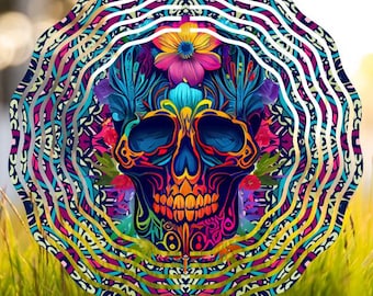 Colorful Boho Skull Wind Spinner, 8” Metal Garden Art, Vibrant Outdoor Decor Gift