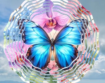 Blue Butterfly Wind Spinner, 8” Metal Garden Decor, Outdoor Floral Yard Art