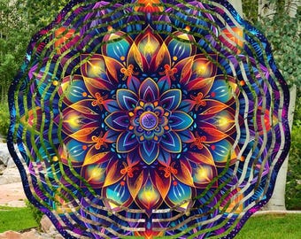 Mandala Wind Spinner, 8” Rainbow Metal Garden Decor, Outdoor Zen Gift, Meditation Yard Art