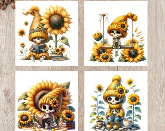 Sunflower Skeleton Ceramic Coaster Set, Spooky Halloween Decor