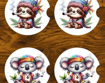 Personalized Hippie Animal Car Coasters Set of 2, Boho Sloth Koala Gift, Custom Name Coaster