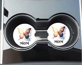 Personalized Butterfly Car Coasters Set of 2, Custom Name Mom Gift, Floral Ceramic Coaster
