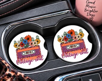 Vintage Soul Car Coasters, Retro Cassette Car Accessories, Music Lover Gift, Floral Car Decor, Ceramic Cup Holder Coasters, Set of 2