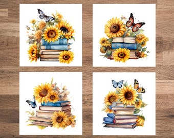 Sunflower Book Coaster Set of 4, Teacher Gift Ceramic Drink Coasters, Cottagecore Reading Decor