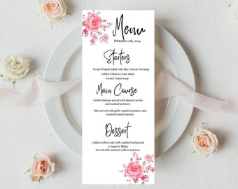 Pink Peony Wedding Menu Card, Printable Canva Template (Digital Download)